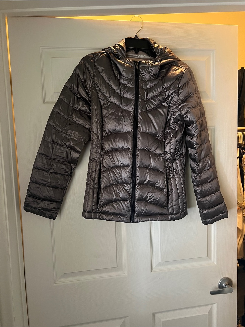 Andrew Marc Metallic Gray Quilted Hooded Puffer Jacket